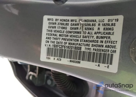 2019 Honda Civic Lx z USA, uszkodzony, nr VIN 19XFC2F61KE018008